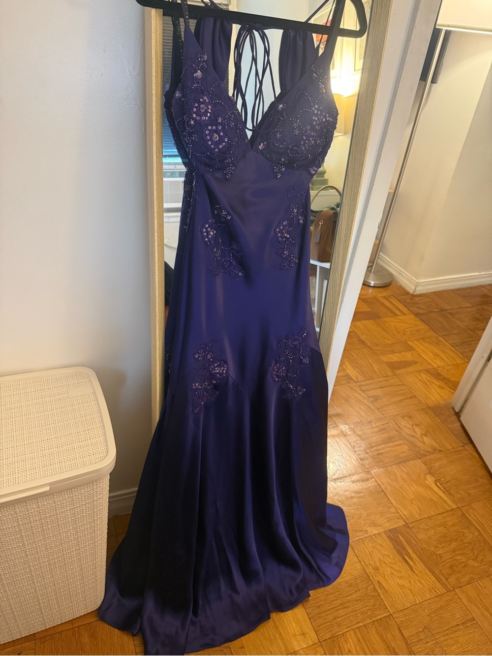 Purple Lace-Embellished Satin formal dress